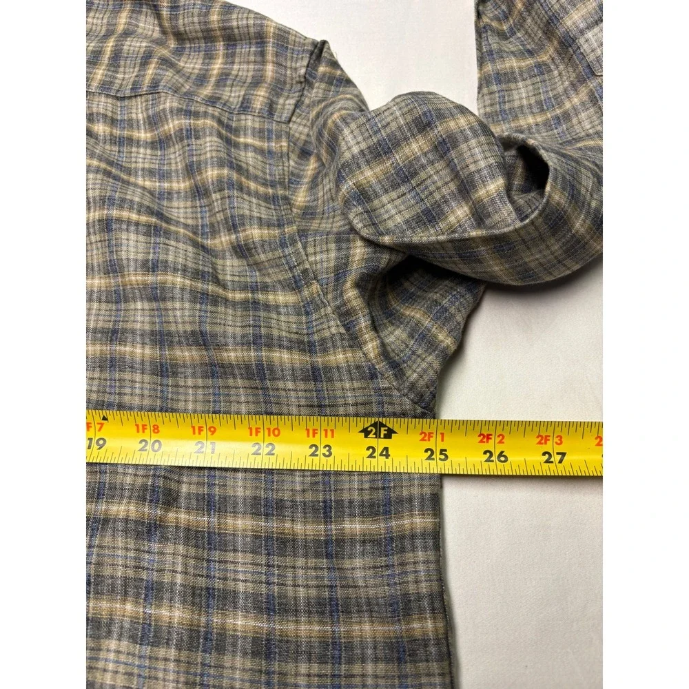 VTG Banana Republic Mens 100% Linen Plaid Button Down Shirt Brown Blue Medium